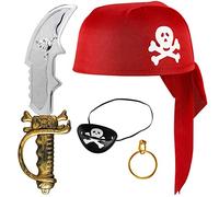 Balinco Conjunto Pirata 4 Piezas para niño Compuesto por Sombrero Pirata Rojo + Sable + Parche en el Ojo + Pendiente Dorado - Conjunto de Disfraz para Carnaval