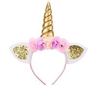Balinco Diadema Unicornio, Diadema Oro con Orejas, Diadema con Flores para Halloween, JGA, Carnaval, Orgullo, Festivales