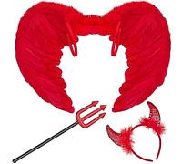 Balinco Disfraz de diablo para Halloween, orejas de diablo + tridente + alas, traje de diablo, cuernos de diablo rojo, horquilla de diablo, tridente, traje de alas de diablo, carnaval