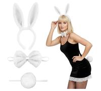 Balinco Juego de 3 piezas de disfraz de conejo para mujer, diadema de orejas de conejo de peluche con pajarita y cola para Halloween, carnaval, cosplay y fiestas temáticas, color blanco