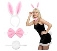 Balinco Juego de 3 piezas de disfraz de conejo para mujer, diadema de orejas de conejo de peluche con pajarita y cola para Halloween, carnaval, cosplay y fiestas temáticas, color blanco y rosa