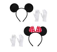 Balinco Pack doble con orejas de ratón/diadema de ratón con lazo rojo y lunares blancos + orejas de ratón en negro que incluye 2 pares de guantes blancos para niños y adultos