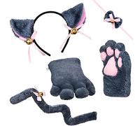 Balinco Set de Disfraz de Gato, Orejas de Gato + Diadema + Patas de Peluche + Pajarita + Cola de Gato, Disfraz de Animal, Anime, Fiesta Cosplay, Halloween, Carnaval (Gris)