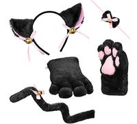 Balinco Set de Disfraz de Gato, Orejas de Gato + Diadema + Patas de Peluche + Pajarita + Cola de Gato, Disfraz de Animal, Anime, Fiesta Cosplay, Halloween, Carnaval (Negro)