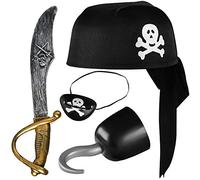 Balinco Set pirata 4 piezas para niños compuesto por sombrero pirata negro + sable + parche en el ojo + garfio pirata - set de disfraz para carnaval