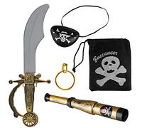 Balinco Set Pirata 5 piezas compuesto por Sable + Parche Ojos + Pendiente Dorado + Telescopio + Bolsa Calavera - Set de Disfraces para Carnaval/Carnaval