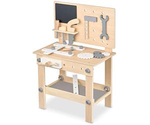 Balinco Workbench Children Wood, Taller con Herramientas Infantiles, Sierra, escuadra, Destornillador, Ruedas dentadas, Tornillo de Banco, Tablero, Accesorios, Juguetes de Madera a Partir de 3 años