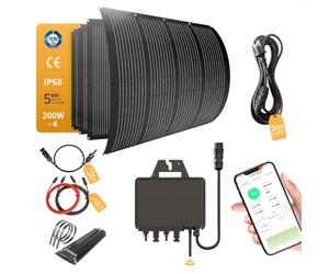 Balkonkraftwerk 800W_RC MI2S-800D + 4 módulos solares Flexibles de 200 W + Cable de alimentación de 5 m CA + Cable de extensión MC4 de 1,2 m/2 m x 2 CC + Banda de Acero Inoxidable