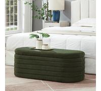 Ball & Cast Banco de almacenamiento, otomana ovalada tapizada, taburete con bisagra de seguridad para dormitorio, sala de estar, entrada, tela de peluche, verde oscuro
