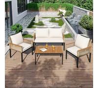 Ball & Cast Conjunto de Muebles de jardín de ratán con sofá Doble y Mesa de café, 2 sillones y Cojines para Muebles de Exterior, Muebles de terraza, salón de jardín, Color Beige