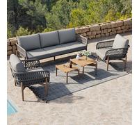 Ball & Cast Juego de Muebles de jardín de ratán de 5 Piezas con Cuerda Trenzada y 2 mesas de café, 2 sillones y Cojines para Muebles de Exterior, Muebles de terraza, salón de jardín, Color Gris
