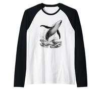 Ballena Azul Rompiendo Olas Océano Bosquejo Estética Vida Marina Camiseta Manga Raglan