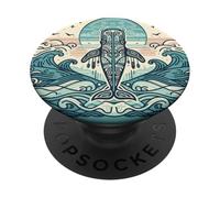 Ballena azul se levanta bajo un sol arremolinado y olas estampadas PopSockets PopGrip Adhesivo
