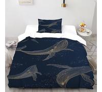 Ballenas Azul Oscuro Funda De Edredón 2 Piezas 3D Impresa Graceful Marine Life con 1 Fundas De Almohada Single（135x200cm） Microfibra Juego De Cama para para Niñosy Hombres