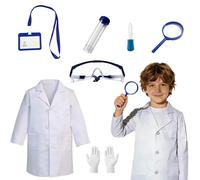 Ballery Set de disfraz de médico y científico para niños (bata de laboratorio) con gafas protectoras, tarjeta de identificación y lupa - Disfraz de Halloween y juego de imitación para niños y niñas