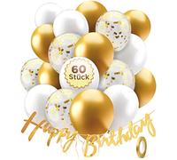 Balloono 60 globos con guirnalda de Happy Birthday - la mejor decoración de fiesta» ● Globos dorados y blancos con globo de confeti ● Globos de helio ● Decoración para fiestas globos dorados