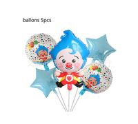 (Balloons-5pcs) Clown Plim cartoon theme children's birthday party supplies paper plates, paper cups, pull flags, knife, fork and spoon