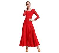 Ballroom Dancing Performance Costume Waltz Foxtrot Tango Competition Long Sleeved Dresses Adults Modern Big Swing Dress(Red,XL)