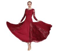 Ballroom Dancing Performance Costume Waltz Foxtrot Tango Competition Long Sleeved Dresses Adults Modern Big Swing Dress(Wine Red,L)