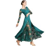 Ballroom Dancing Performance Costume Waltz Foxtrot Tango Competition Long Sleeved Dresses Adults Modern Big Swing Dress(Dark Green,L)