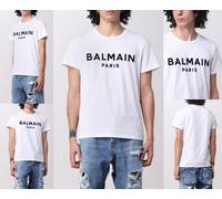 Balmain Paris Flocked Logo Ajuste Recto Camiseta Algodón Camiseta Top Crew BNWT