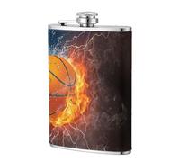 Balón de baloncesto en llamas y agua,Frasco de acero inoxidable 304 de 8 oz con funda de cuero sintético, frasco de bolsillo para licor plano para exteriores