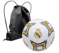 Balón Real Madrid Marino/Naranja Talla 5 + Mochila Negra | Diseño Oficial con Escudo del Club | Material Resistente | Ideal para Entrenamiento, Colección, Regalo o Aficionados al Fútbol