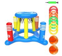 Baloncesto inflable para piscina: juego de aro flotante multifuncional, portería colorida de PVC con juguete de lanzamiento cruzado, ocho anillos de colores, bomba portátil de dos bolas | Juego acuáti