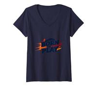 Balones de fútbol para niños: Regalo para entusiastas del Deporte Nacido para Jugar Camiseta Cuello V, Mujer, Azul Marino, S