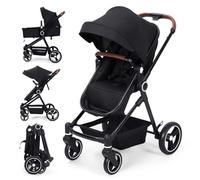 Baloveby Silla de Paseo Bebé 2 en 1 con Asiento y Cuna Ajustables, Carrito Bebé con Compacto y Ligero, Toldo Retráctil, Cesta de Almacenamiento, Cinturón de Seguridad y Amortiguadores (Negro)