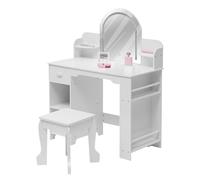 Baloveby Tocador de Maquillaje 2 en 1 con Luz y Espejo, Tocador Niña con Taburete, Tocador Infantil con Luces LED Ajustables, Estantes de Mesa y Bajo Mesa, Cajones y Estanterías Laterales