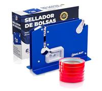 BALSAT Máquina Cierra Bolsas Precintadora de Bolsa Azul Lacada + 6 Rollos Rojos | Sellador de Bolsas de Plástico Manual | Compatible con Cintas Adhesivas de 12 mm an | Metálica, Robusta y Precisa