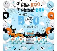 Balterever A Little Boo is Almost Due - Decoración de baby shower, decoración de Halloween y baby shower para niños, con telón de fondo de Halloween, baby shower, decoración de tarta, araña para