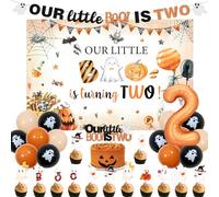 Balterever Decoración de fiesta de cumpleaños de Halloween con naranja Our Little Boo is Turning Two Birthday telón de fondo para tartas, decoración de cupcakes número 2, globo de aluminio para