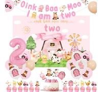 Balterever Decoraciones de cumpleaños de animales de granja para niña, pancarta rosa "Oink Cluck Moo I Am Two", fondo temático de granja, globos de látex, decoración de pastel y decoración de cupcakes