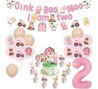 Balterever Juego de decoración para fiesta de cumpleaños de 2º cumpleaños de animales de granja rosa - Pancarta "Oink Baa Moo I Am Two", globo de aluminio número 2, globos de látex, adornos para
