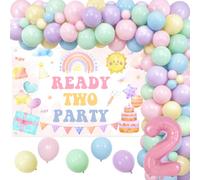 Balterever Ready Two Party - Decoraciones de segundo cumpleaños para niñas con telón de fondo de 5 x 3 pies, globo rosa número 2, kit de guirnalda de globos de látex pastel para fiesta de cumpleaños