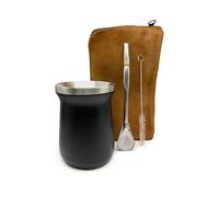 BALTHŌ - Mate Argentino - Kit Mate (taza mate), bombilla, yerbero para viaje y limpia bombilla. Mate de Acero Inoxidable doble capa, Mantiene Temperatura, Liviano. (Yerbero Marron)