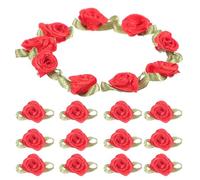 Baluue 100 Rosas de Cinta Satén con Hojas Verdes, Flores de Tela Decorativas para Manualidades y Costura, Mini Lazos para Decoración de Ropa y Bricolaje, 100 Piezas, Color Rojo Intenso