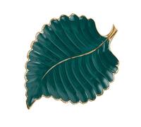 Baluue Bandeja de Cerámica Verde Borde Dorado para Almacenar Alimentos y Postres, Diseño en Forma de Hoja, Decoración Artística para Eventos y Hogar