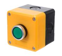 Baluue Caja de Interruptor de Botón Pulsador Industrial Momentáneo, Resistente al Agua y Polvo, Carcasa Amarilla, Botón Verde, Control para Apertura Exterior y Parada de Emergencia,