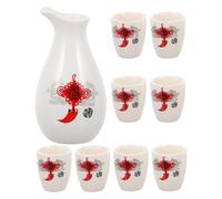 Baluue Juego de 9 Piezas de Cerámica para Sake Dispensador de Licor Tazas Blancas de Cerámica Diseño Chino Tradicional Tetera Impresa para Servir Vino y Té Adecuado para Uso Doméstico