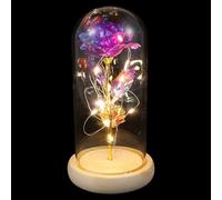 Baluue Rosa Artificial Luminosa Decorativa con Luz LED Cálida Adorno Floral Cúpula de Cristal con Base de Madera Rosa Dorada y Púrpura para Decoración Romántica San Valentín Bodas y