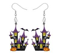 BAMAY Acrílico Espeluznante Casa Embrujada Castillo Pendientes para las Mujeres, Bat Calabaza Mansión Embrujada Pendientes de Halloween Dangle Gothic Joyería Horror Regalos (Negro)