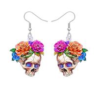 BAMAY Acrílico Flor Calavera Pendientes para las Mujeres, Espeluznante Pendientes de Halloween Funky Calavera de Azúcar Regalos para Mujeres Día de los Muertos Accesorios de Joyería (Colorido)