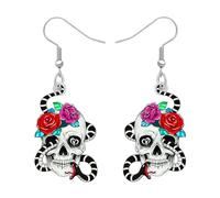 BAMAY Fiesta Pendientes de Calavera de Rosa de Acrilico Colgantes Flor Calavera de Azucar Candy Joyeria Regalos para Mujer Niña Charms Decoracion de Fiesta (Rosa Serpiente)
