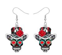 BAMAY Fiesta Pendientes de Calavera de Rosa de Acrilico Colgantes Flor Calavera de Azucar Candy Joyeria Regalos para Mujer Niña Charms Decoracion de Fiesta (Sombrero Negro)