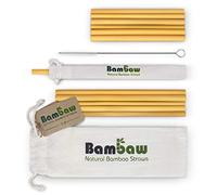 Bambaw - 12 pajitas de bambú ecológicas, biodegradables y reutilizables, fabricadas a mano en Bali, incluye un cepillo de limpieza y una bolsa de almacenaje, 13&22cm