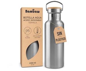 Bambaw Botella Acero Inoxidable 1 Litro, Botella Termica 1 Litro Mantiene Bebidas Frías 24h y Calientes 12h, Garrafa de Agua Termica 1l Metálica, Garrafa Isotermica con Asa (Acero Nature)