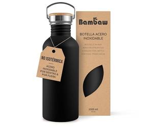 Bambaw Botella de Agua Acero Inoxidable 1 Litro No Térmica, Negra, Deportiva, Reutilizable, Sin BPA